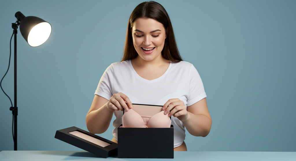 woman opening bra box