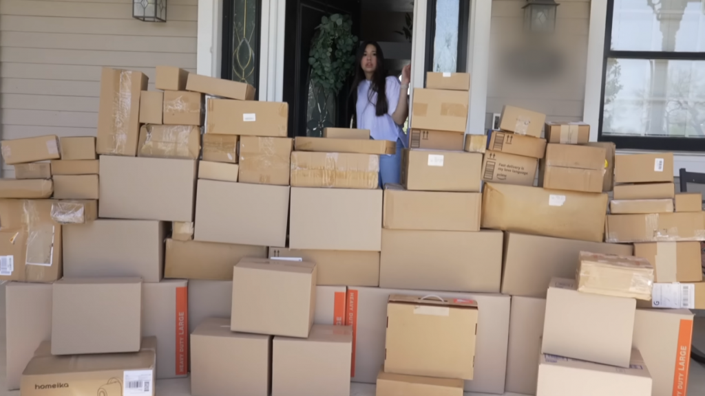 many boxes in front of a house