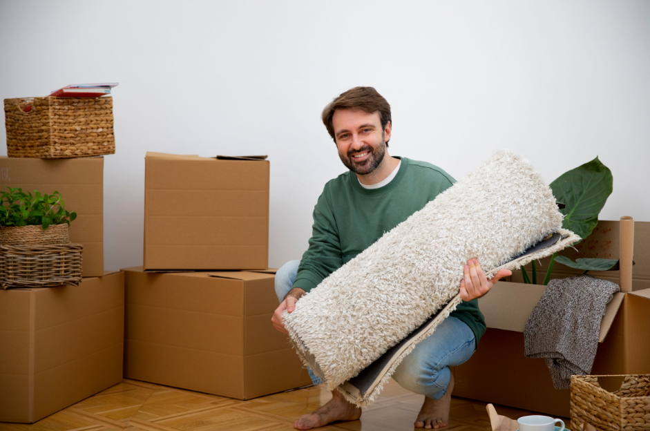 man holding carpet-boxes-home