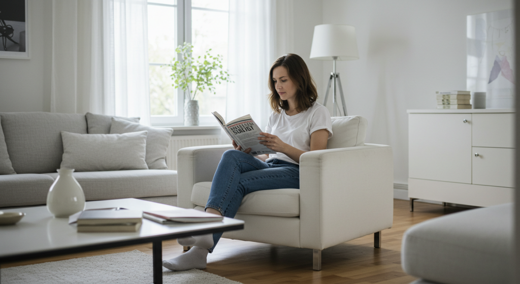 woman sitting on a piece of furniture reading a book