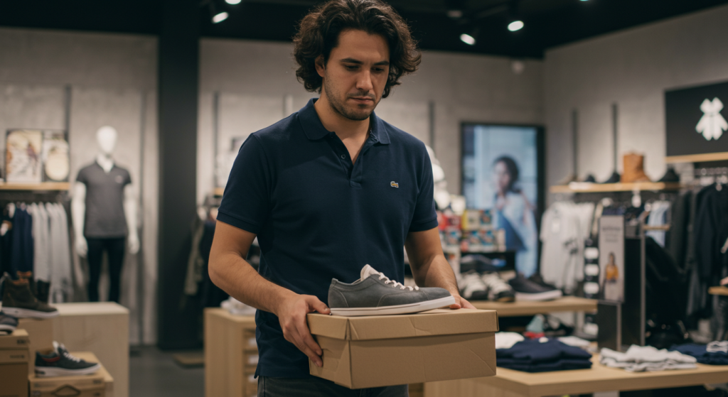 men in store holding a shoes box