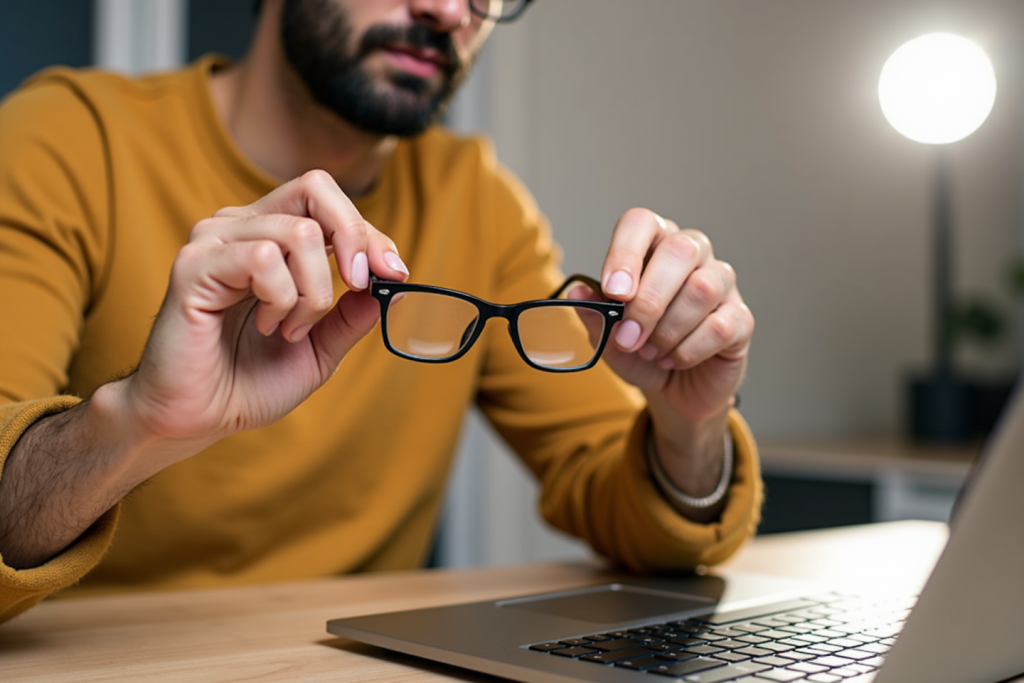 man holding reading glasses