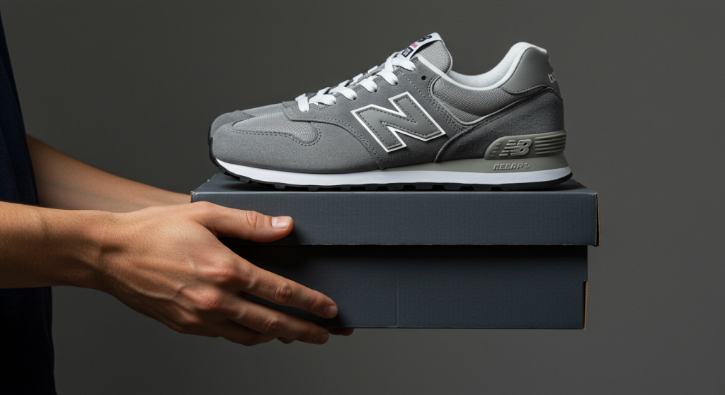 hands holding a new balance shoes box